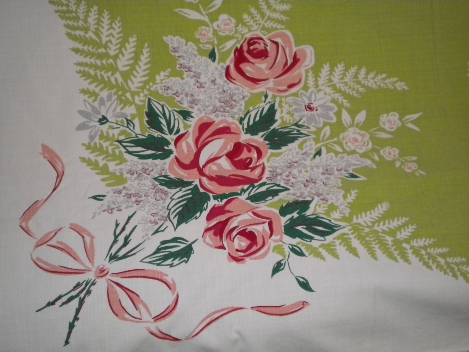 Vintage 50s Simtex Tablecloth Pink Roses and Ribbons Springtime
