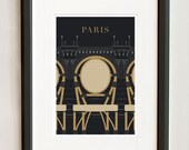 Illustration, Paris Print, Paris, Pont Neuf - 13x19 Art Print, Art Poster, Paris Illustration, Seine Black and Gold Paris Bridge, Chair
