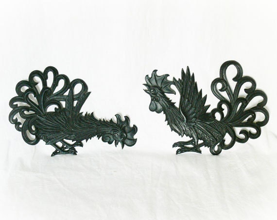Vintage 50s Black Metal Rooster Wall Shelf Art Set 2