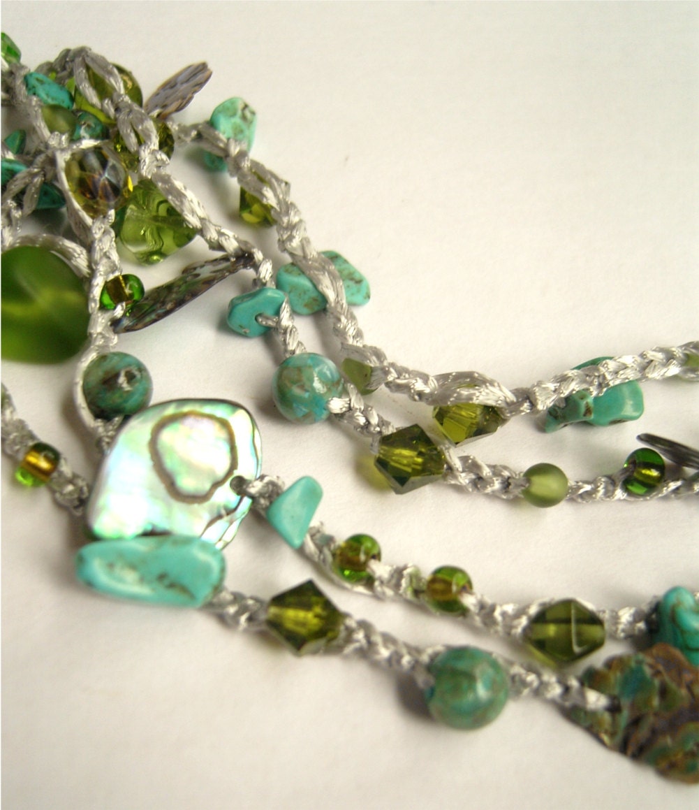 Long Necklace Wrap Bracelet Silver turquoise green mother of pearl shell, boho, bohemian