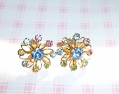 wonderful mid century multicolored flower rhinestone earrings