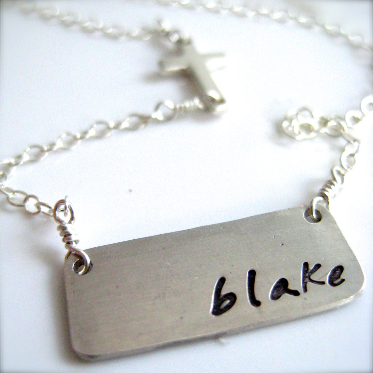 Personalized Necklace with Sideways Cross -  Hand Stamped Sterling Silver Rectangular Bar