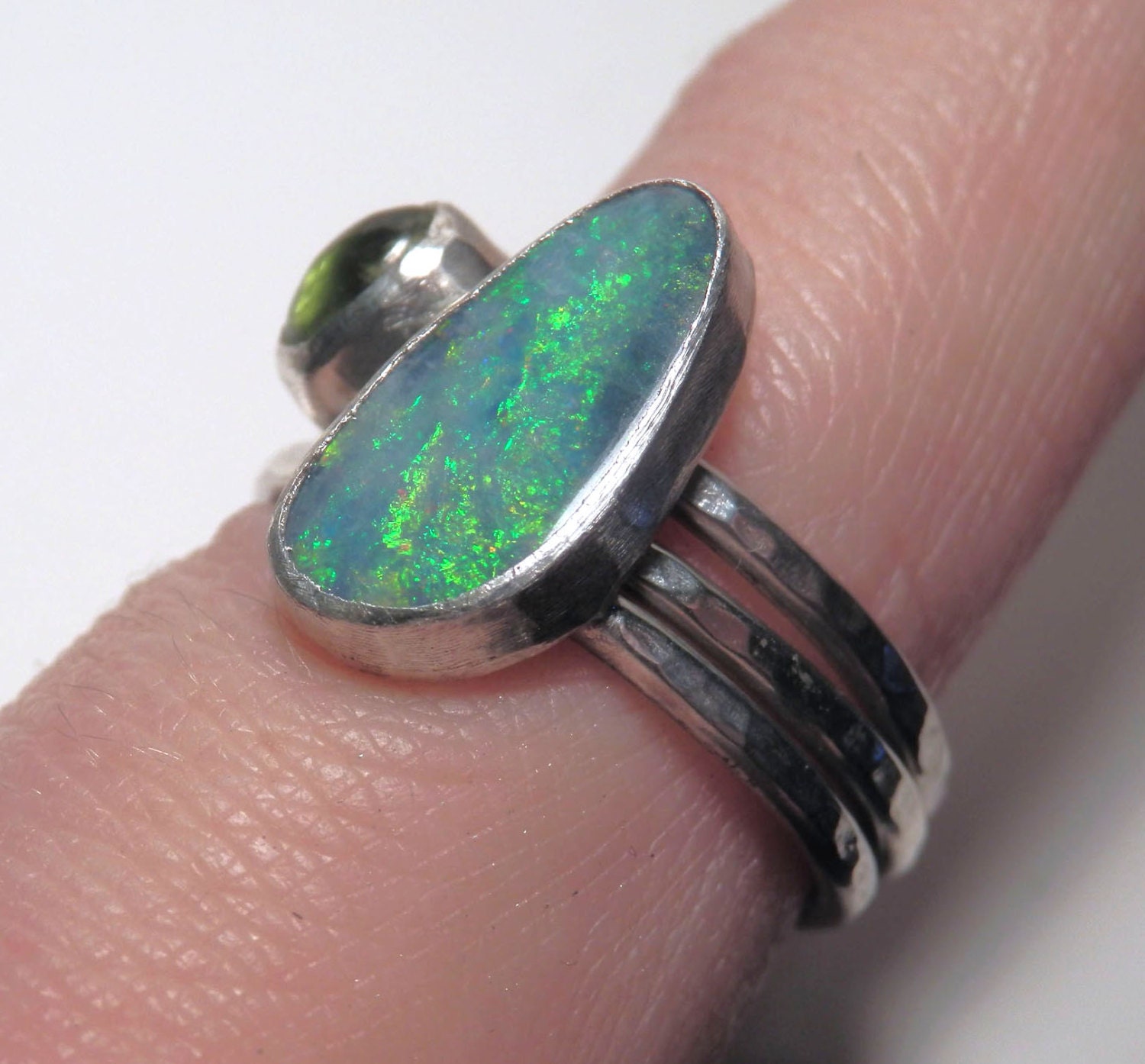 Sterling silver stacking ring set with Australian opal doublet and peridot