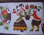 Vintage Printed Linen Tablecloth with Pennsylvania Dutch Designs, Large Rectangular