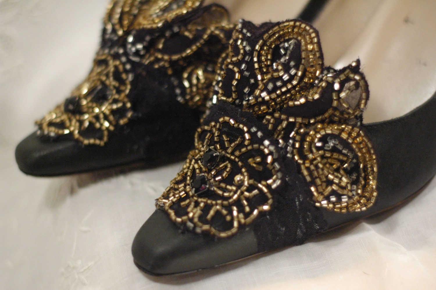 Princess Marie Antoinette Black & Gold Beaded Lace Heels