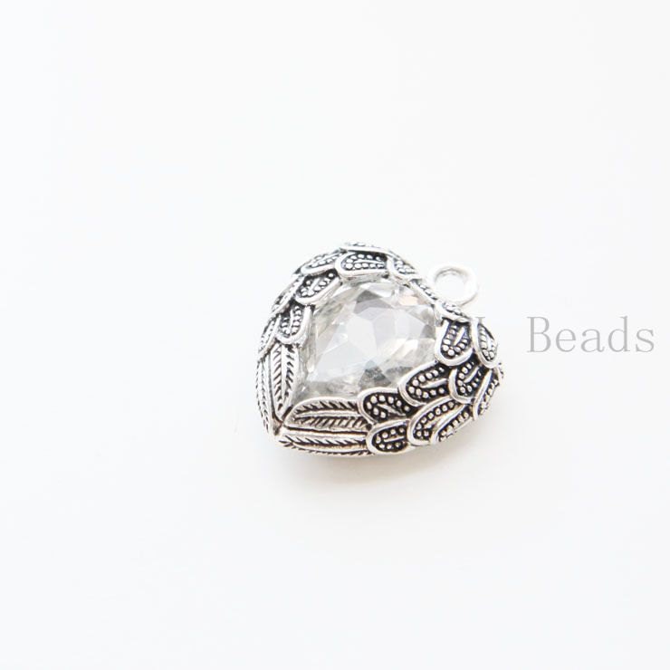 One Piece Oxidized Silver Tone Base Metal Pendants-Heart with Clear Rhinestone 27x23mm (20331Y-B-434A)