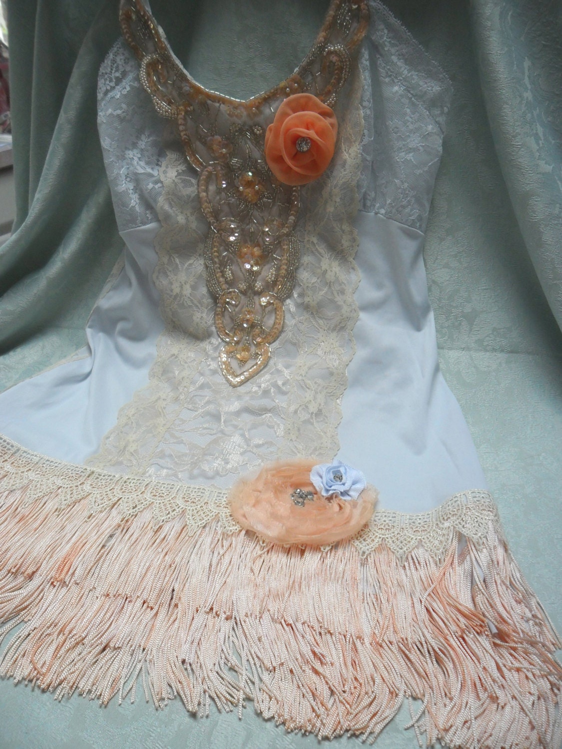FLAPPER Great Gatsby 1920s Speakeasy Jazz Age Roaring 20s - Vintage Slip Make Over - Dove Blue and Peach
