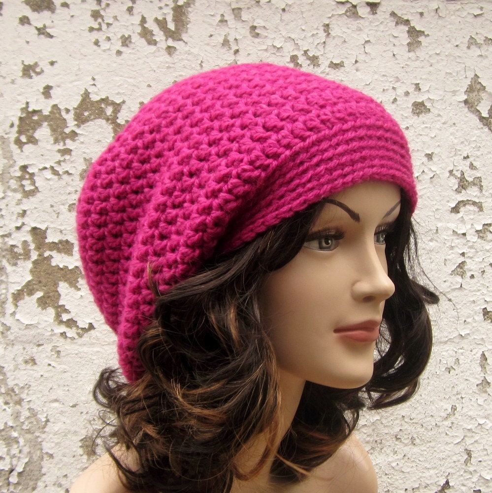 Raspberry Pink Slouch Beanie - Womens Slouchy Crochet Hat -  Oversized Cap - Chunky Hat