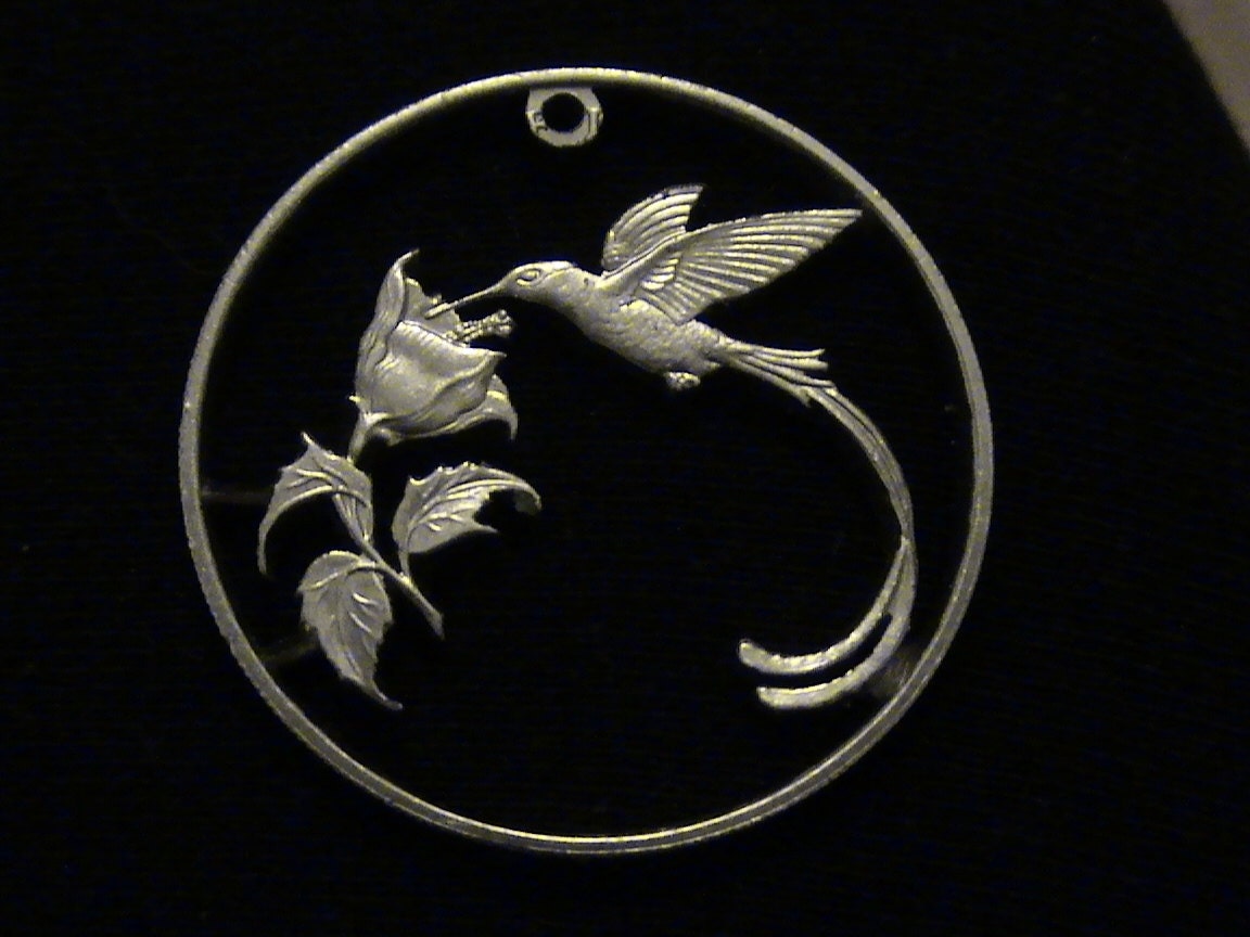 Hummingbird - cut coin pendant - JAMAICA - 1987