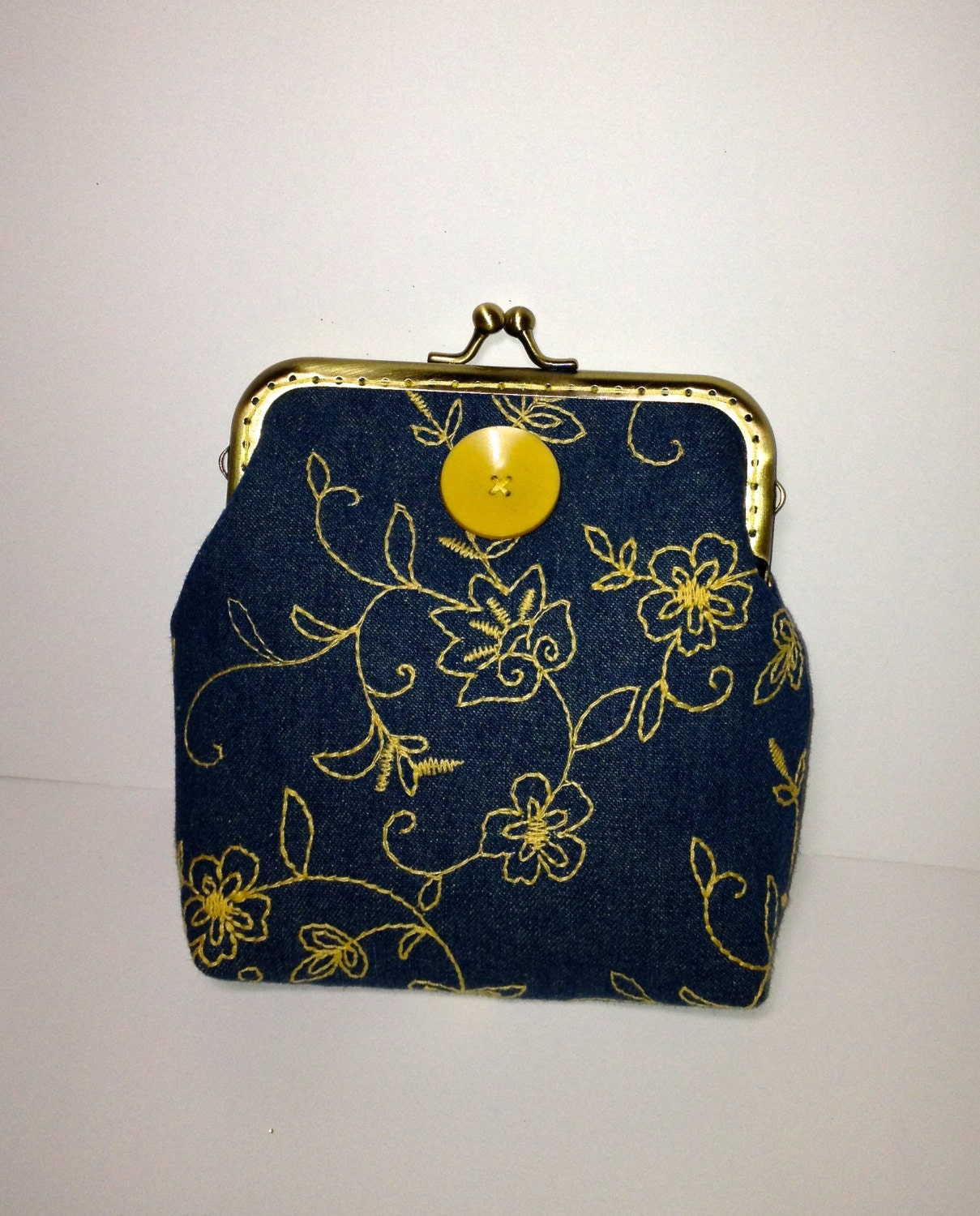 Coin Purse in Soft Jean Fabric with Yellow Flower Embroidery