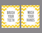 Bathroom set of two on chevron - brush your teeth - wash your hands - digital print - 8x10 on A4
