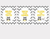 Owl bathroom manners - set of three - brush wash flush - nursery art - digital prints - 8x10 on A4