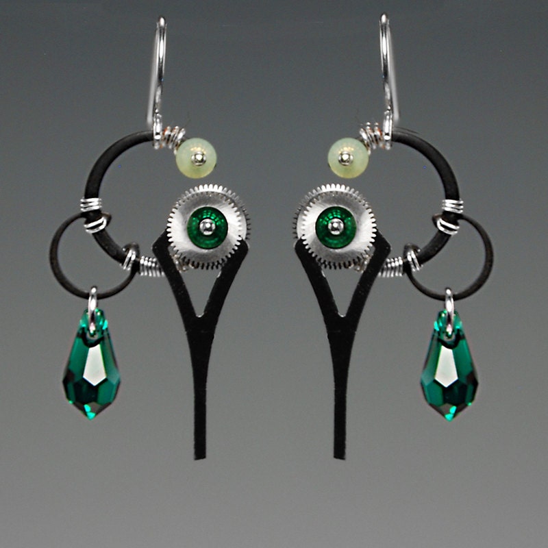 Ananke II v3: Emerald and Chrysolite opal Swarovski crystal steampunk earrings