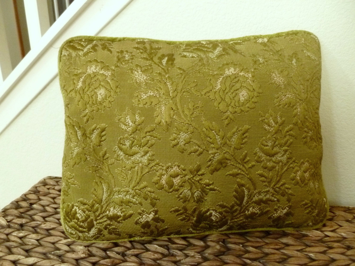 Vintage Brocade Avocado Green Accent Pillow Regency
