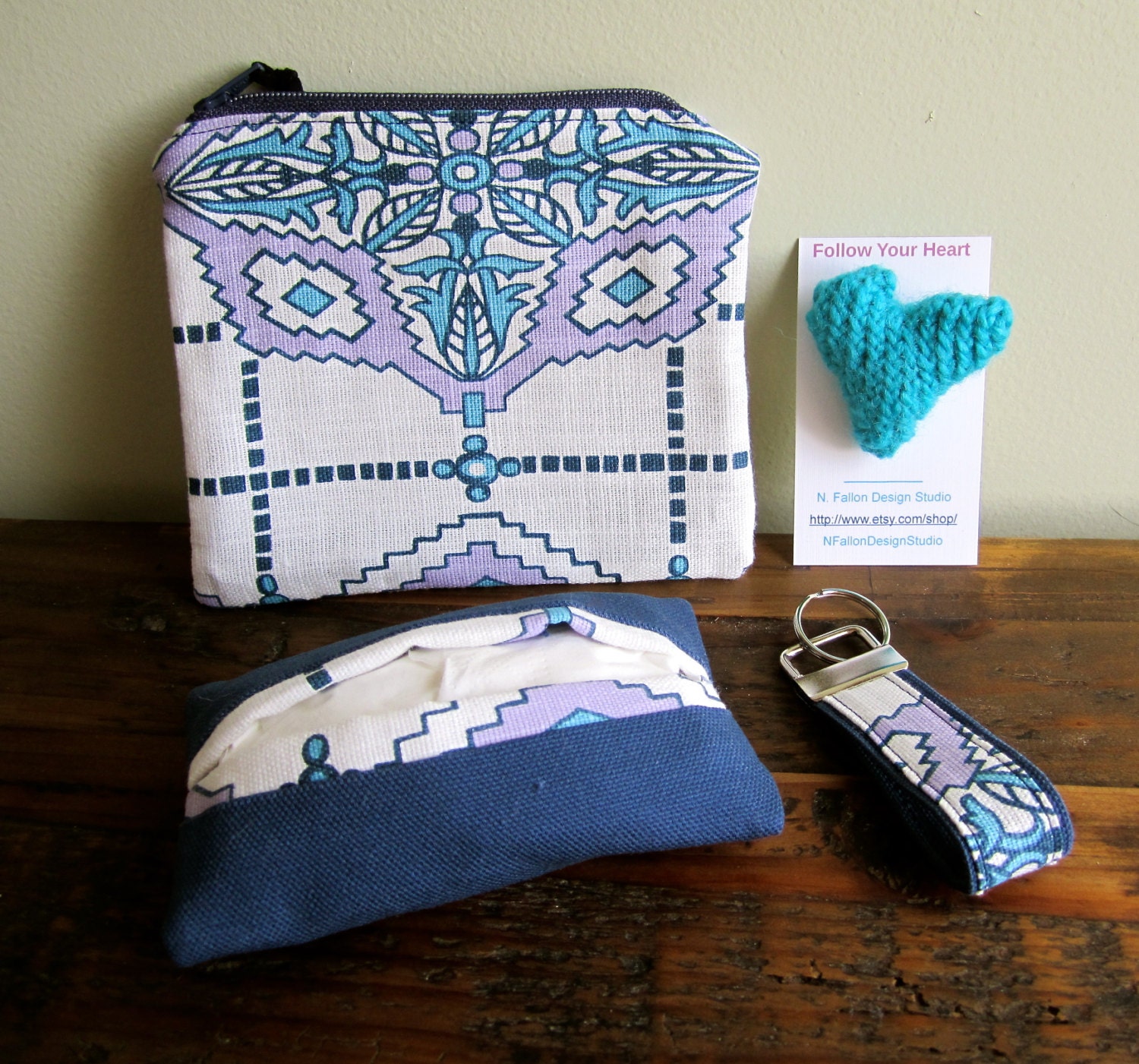 Valentine's Day Free Heart Pin Gift- Coin Purse, Keychain, Tissue Case: Organize Your Purse Kit in Navy & Lavender Southwest Print. - NFallonDesignStudio
