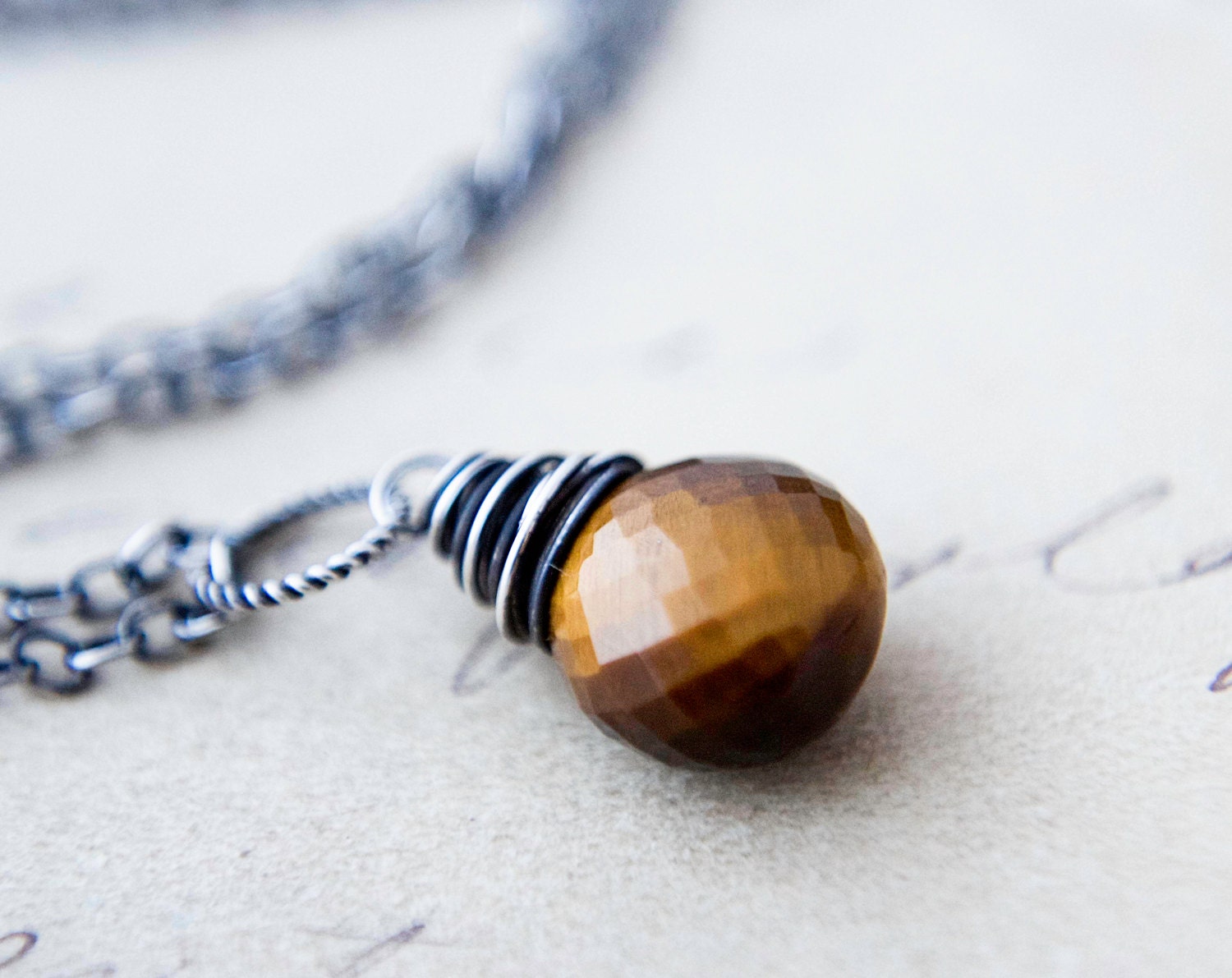 Tigers Eye Necklace Sterling Silver Oxidized Brown Mustard PoleStar Earth Tones