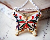Butterfly Necklace Enamel Colorful Metal Insect Pendant Geometric Sterling Silver Red Pink Green Spring