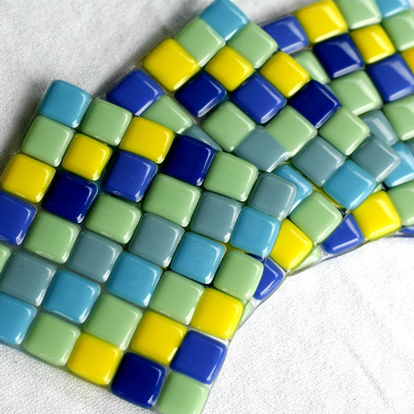 Fused Glass Coasters - Seaside - blue, yellow and green