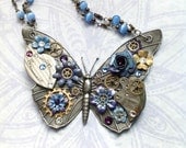 Steampunk Butterfly Necklace - Custom Design Silver Butterfly with Watch Gears Brass Flowers and Jewels