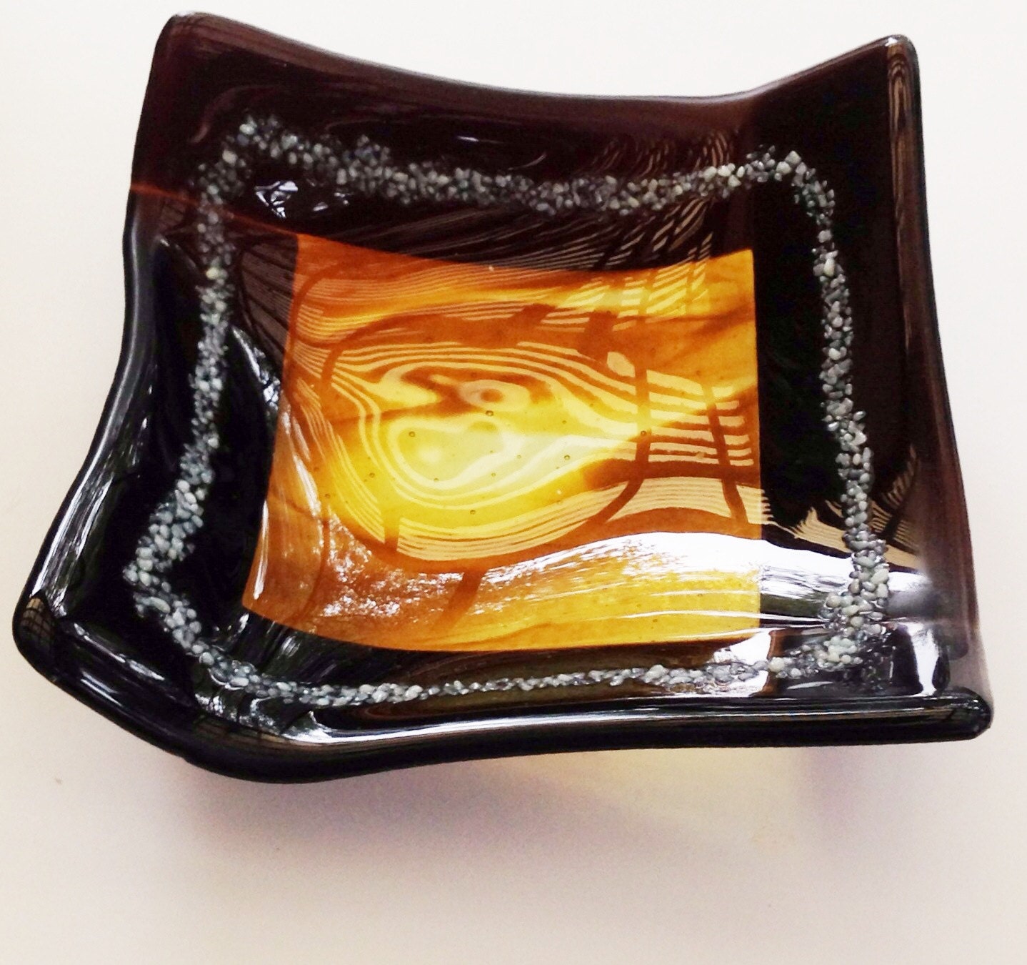 Fused glass dish -  Modern - brown tan ivory translucent origami shaped bowl with a streaky tan center - 7"