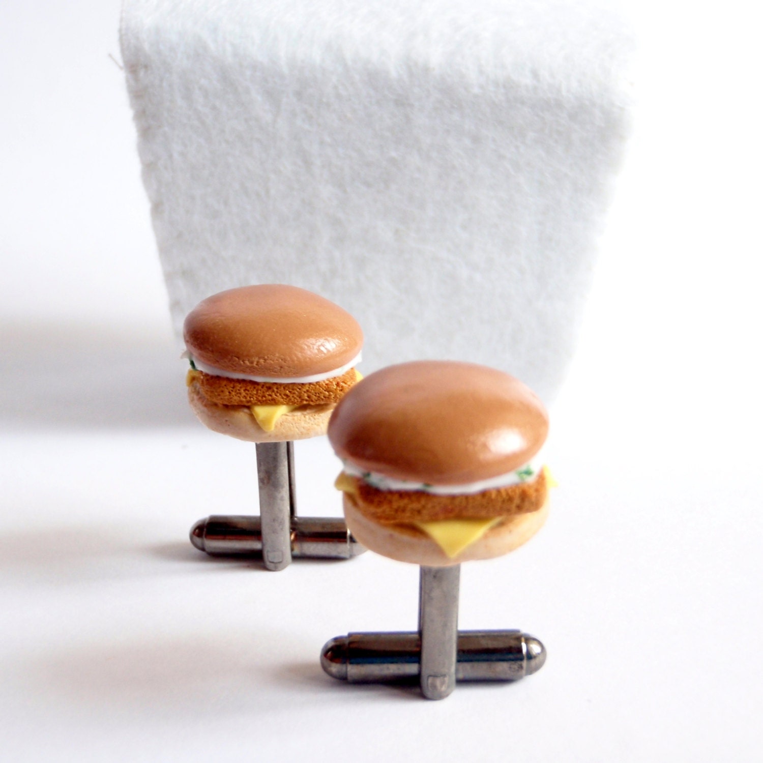 Miniature Fish Burger Cufflinks - Miniature Food Art Jewelry Collectable - Schickie Mickie Original 100% Handmade