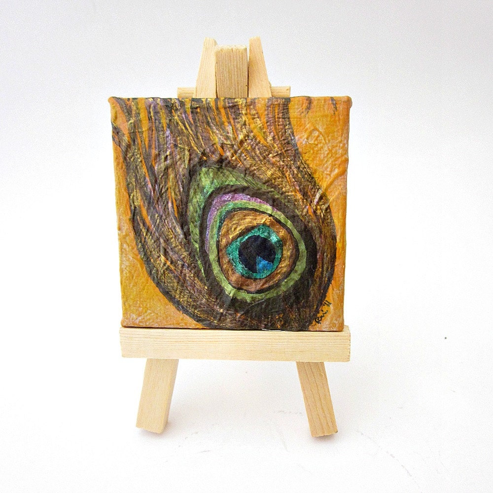 Mini Painting: Peacock Feather on Gold Original Miniature Acrylic, Mini No. 005