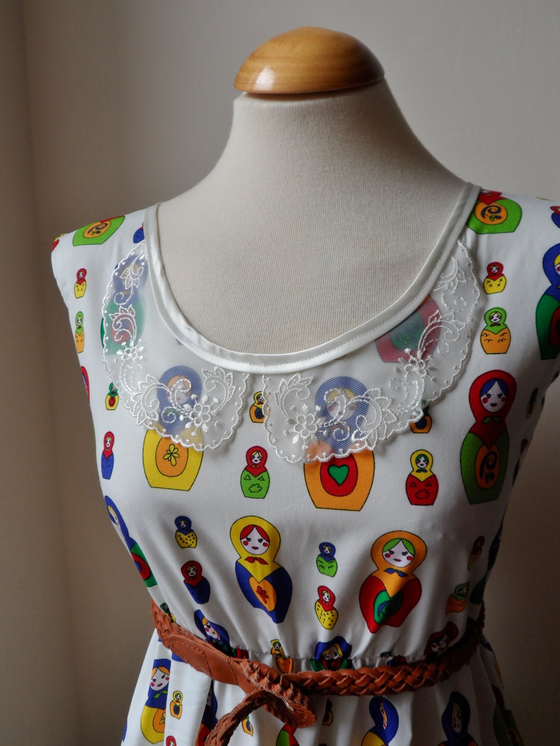 Lace Collar Dress With Cute Colourful Russian Dolls / Handmade / Choose Your Size