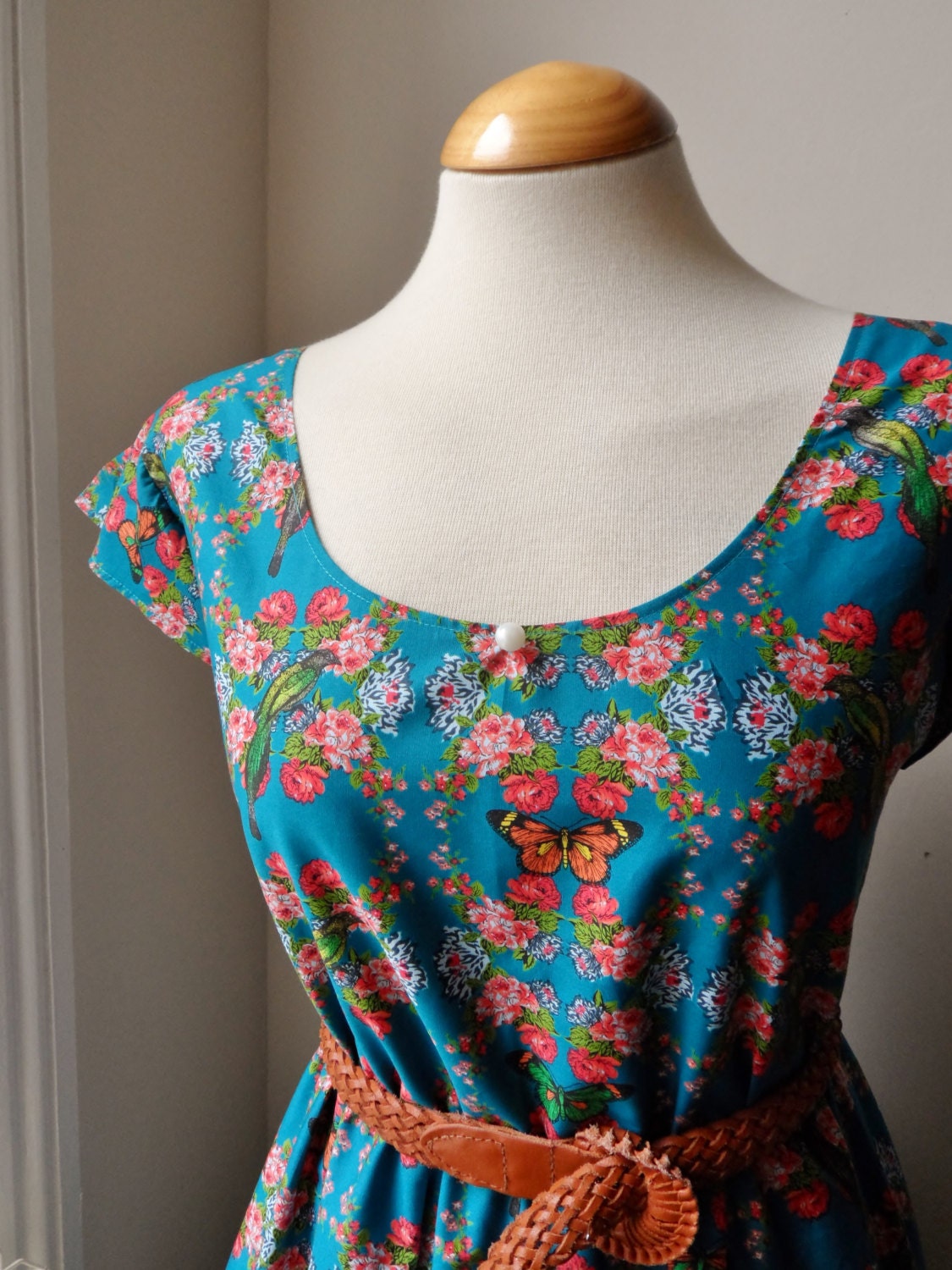 Floral Rose Dress / Bohemian Teal Birds, Butterflies and Flowers / Handmade Longer Length Dress / Choose Your Size