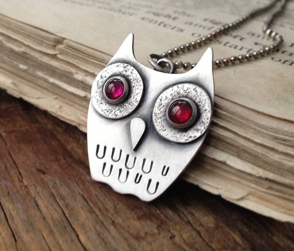 whimsical sterling owl necklace with garnet eyes - Peculiar