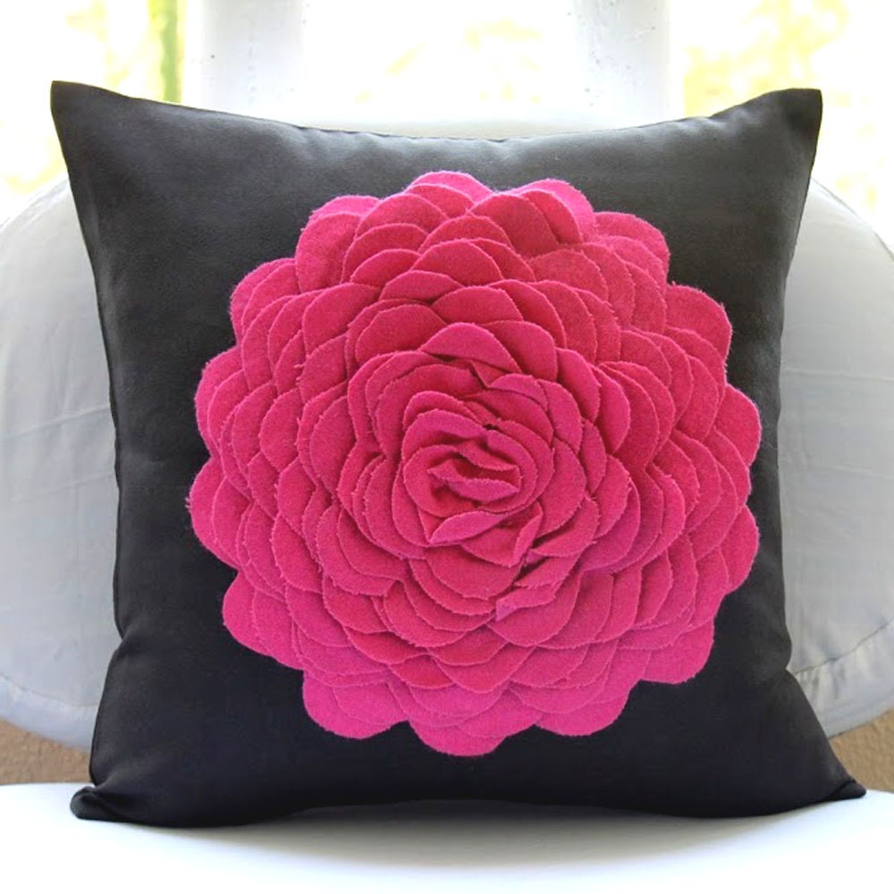 Decorative Pillow Sham Covers 26 Inch Accent Pillow Euro Sham Cover Couch Pillow Sofa Felt Embroidery Hot Pink Rose Home Decor