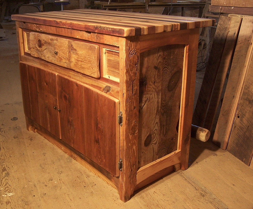 Butcher Block Kitchen Island from Reclaimed Hardwood with Cabinet Base