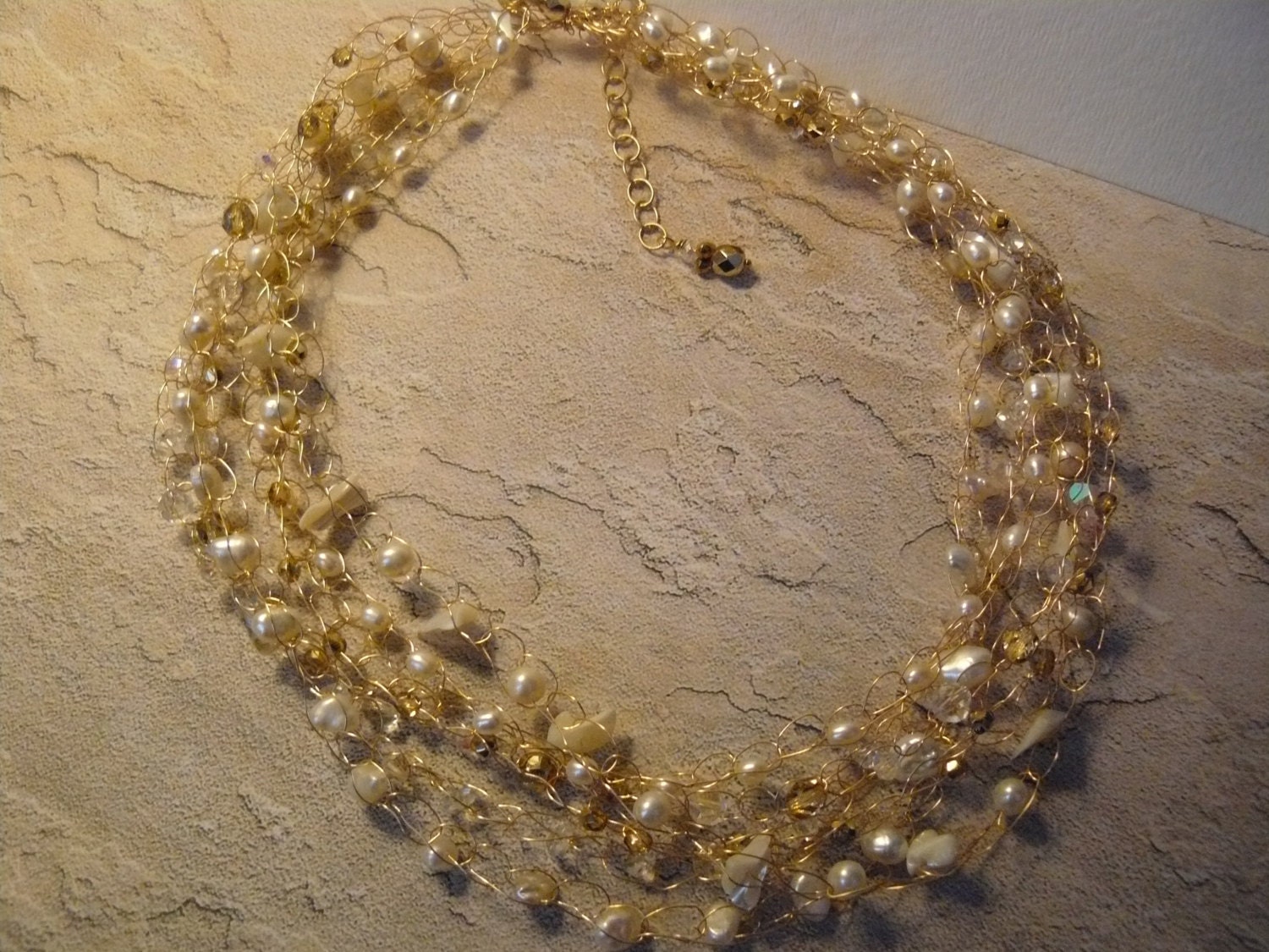 Romantic Multi-layered Gold Crocheted Necklace with Pearls, Crystals, Czech Glass and Mother of Pearl Chips