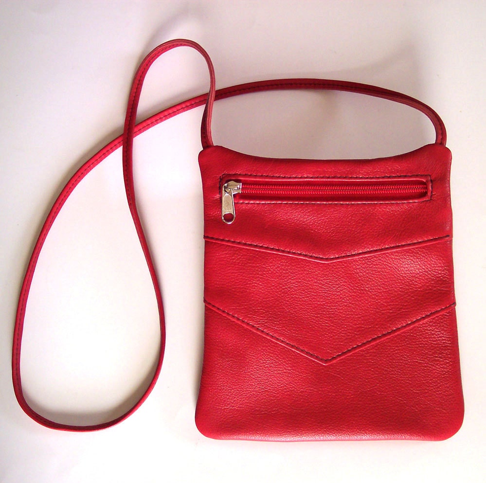 Leather Purse - Bright Red Leather Handbag - Rectangular Cross Body Style