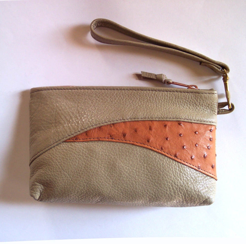 Taupe Leather Clutch Purse with Peanut Brittle Ostrich Applique