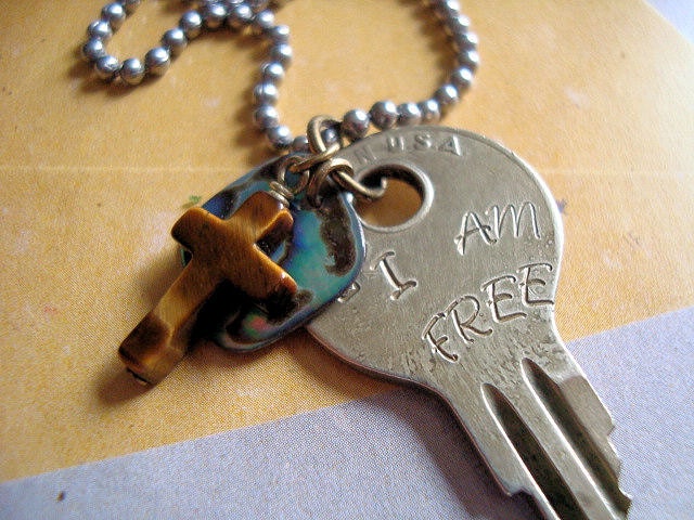 I Am Free. Stamped Vintage Key Necklace.  Re Purposed  Jewelry.  Christian Necklace.  Religious Jewelry.