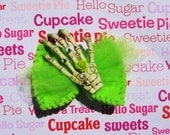 Girly Glam Zombie Skeleton Hand Green Hair Bow Clip