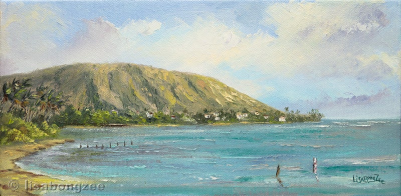 MAUNALUA MORNING Original Oil Painting 6x12 Art Artwork Tropical Bay Portlock Beach Oahu Hawaii Kai Hawaiian Palm Tree Ocean