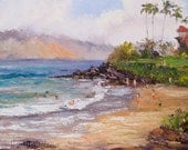 POLO BEACH MAUI Original Palette Knife Oil Painting 9x12 Art Artwork Palm Tree Paradise Hawaii Vacation Holiday Ocean Lisabongzee