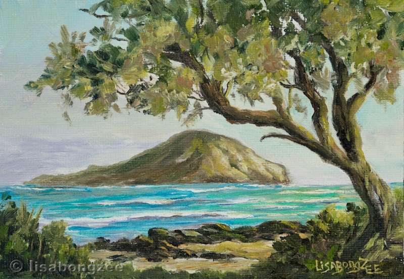 MAKAPUU Framed Original Oil Painting Beach Rabbit Island Manana Paradise Hawaii Hawaiian Oahu Lisabongzee