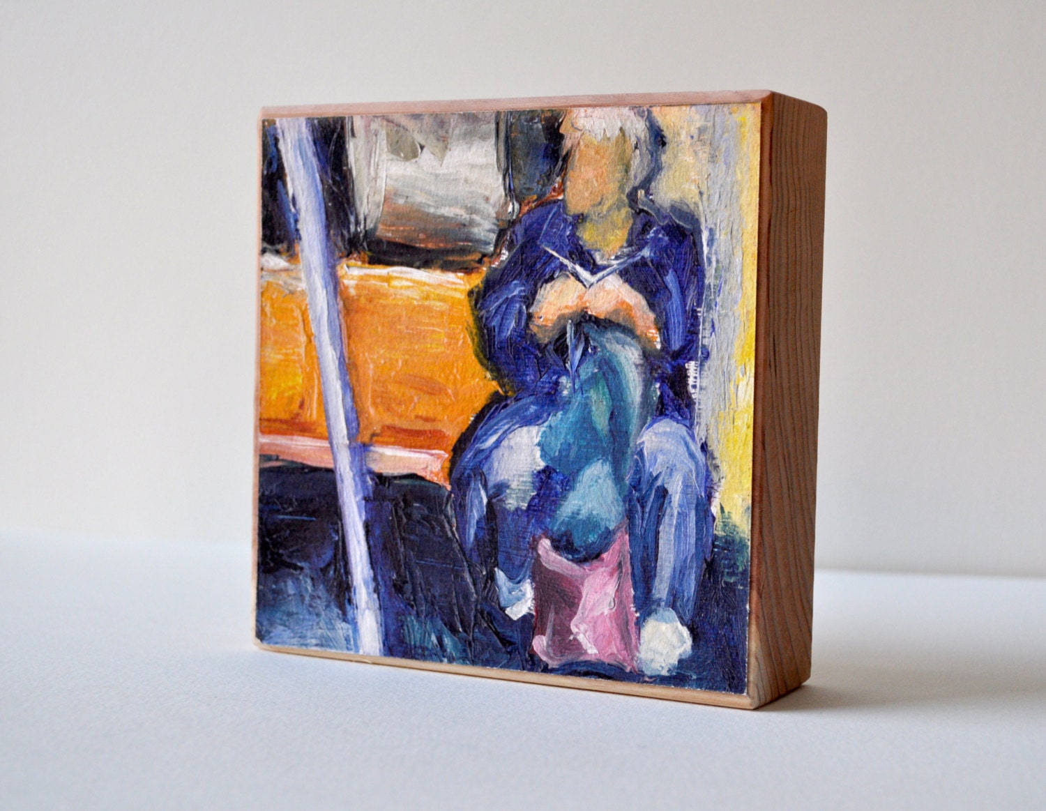 Art Oil Painting New York City Woman Knitting Subway Rider Mounted PRINT on Redwood Block
