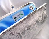 Bridal Camden Clutch in Silvery White Wedding Brocade with something blue satin lining - ready to ship