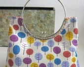 Clutch purse - silver metal frame, forest print on calico background
