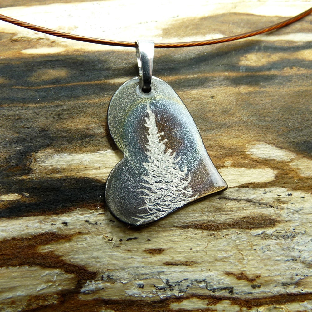 TREE HEART PENDANT. Heart Necklace with Evergreen Trees in the Moonlight