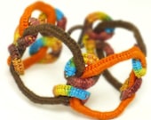 Crochet Bracelet Faux Chainmail Fiber Bracelet Warm Orange Blue Chocolate Brown Golden Yellow Circle Design