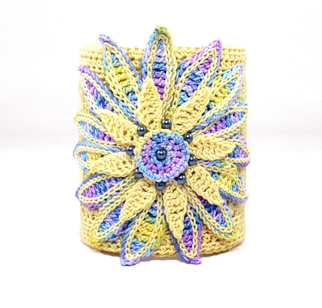 Crochet Cuff Bracelet Irish Crochet Bracelet Daisy Yellow Blue Purple Violet Fiber Art Bracelet Flower Bracelet
