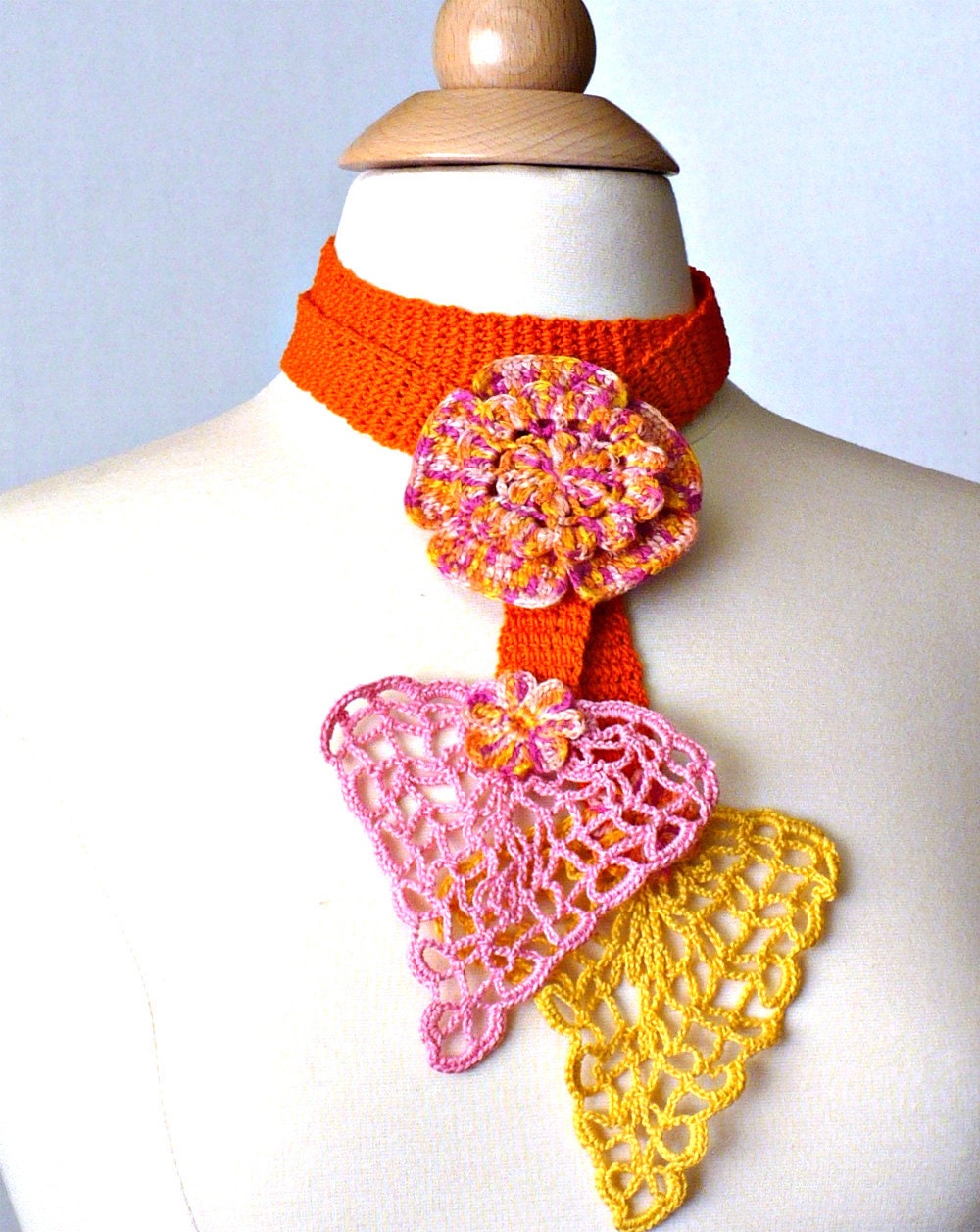 Crochet Necklace Lariat Irish Lace Crochet Flower in Orange Pink and Yellow