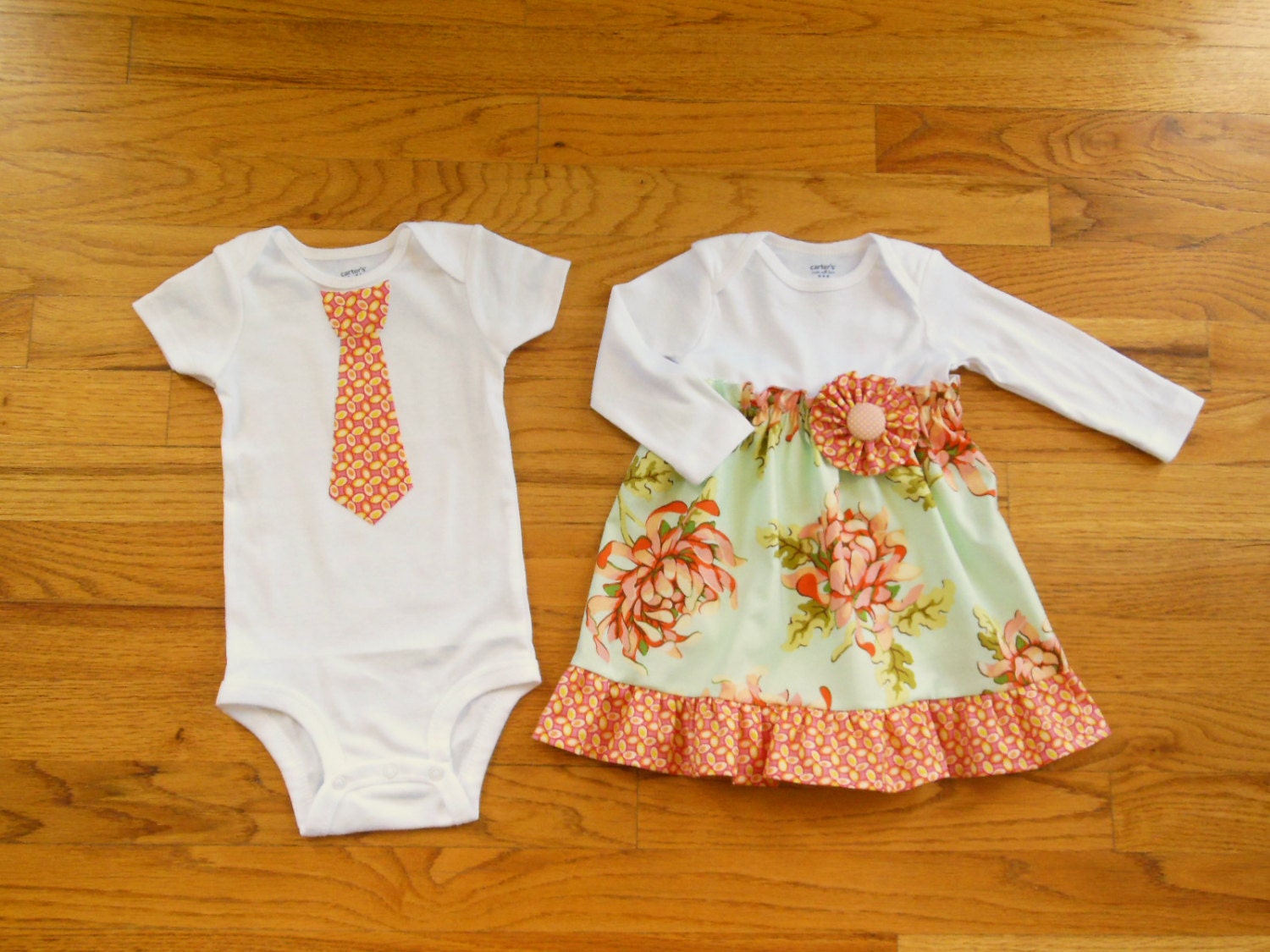 Brother Sister Matching Outfits - Girls Onesie Dress and Boys Tie Onesie or Tie Tshirt - Painted Mums and Jelly Beans - Freshcut Collection