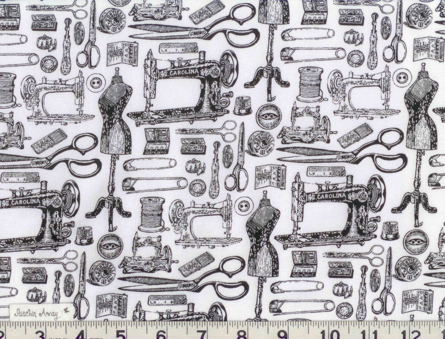 Black and White VINTAGE Looking Sewing Notions Fabric New 100% Cotton Quilting Scissors Push Pin Thread Needle