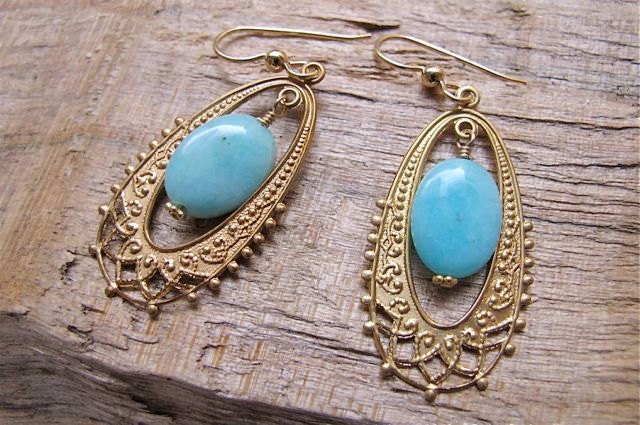 Chandelier earrings. Blue gold earrings. Drop earrings. Tiffany Blue. Robins Egg. Filigree. Peruvian Opal.