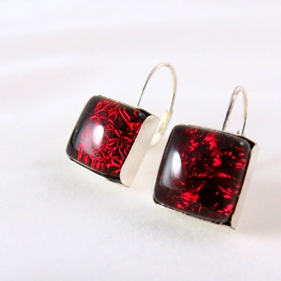 Red Glass Earrings - Modern Square Sterling Silver Leverbacks - Garnet Red